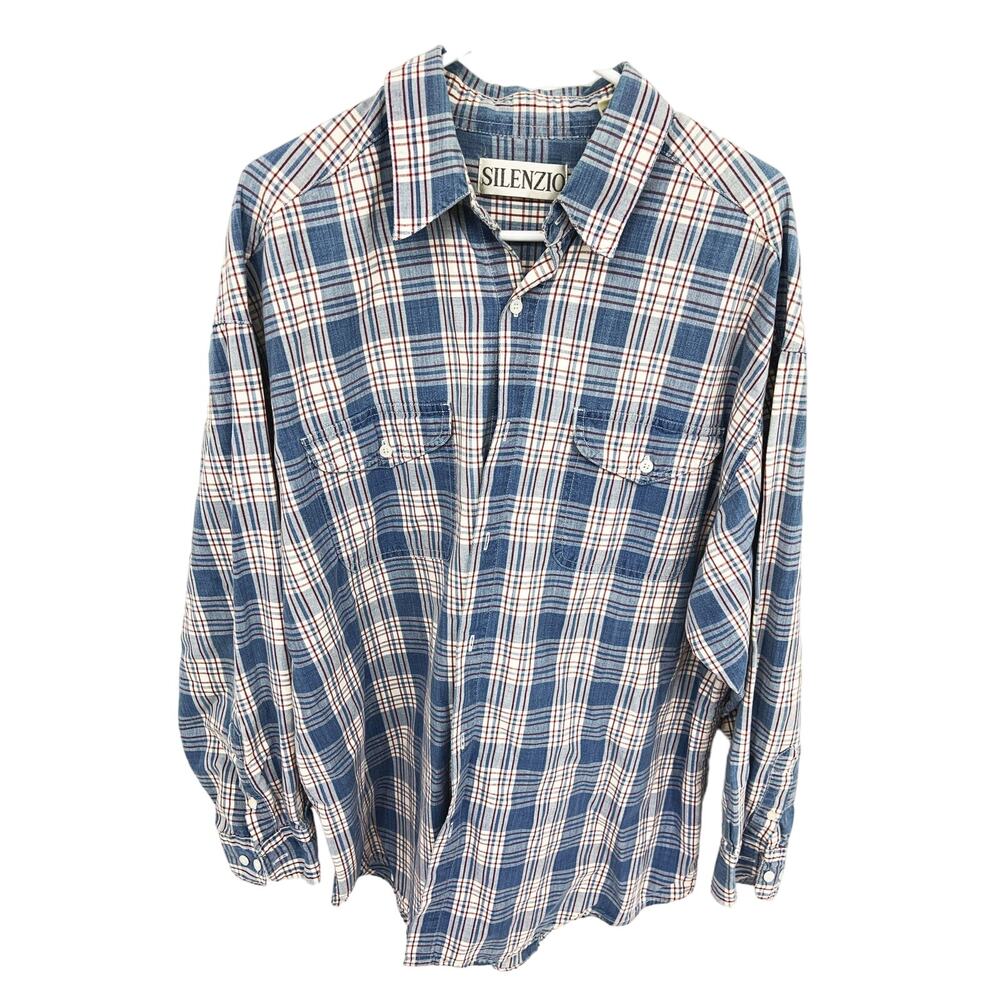 Vintage Silenzio Blue Plaid Shirt Button Down with Pockets Size XL